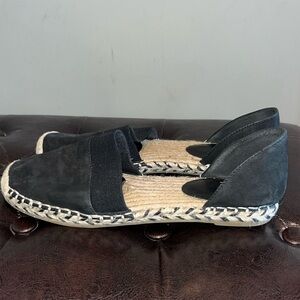Black leather upper Eileen Fischer slip on closed toe/ heel flat jute flat sz 8